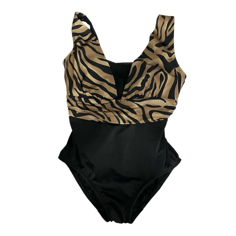 Croft & Barrow One Piece Swimsuit Size 8 Animal Print‎ Black Tummy Control Mesh